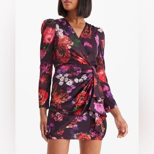 Express NWT Satin Floral V-Neck Puff Sleeve Ruffle Mini Sheath Dress Size 4